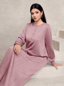 Graceveil 女士休闲纹理面料宽松长款圆领卫衣，绿色，秋冬款 - 粉色 - 查看 8