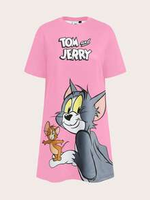 TOM & JERRY X SHEIN 女士休闲可爱卡通字母图案短袖睡裙，夏季，哞哞睡衣 - 粉色 - 查看 3