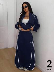 Coolane Women's Winter Clothes Streetwear Casual Athleisure Going Out Reflective Lapel Coat And Parachute Pants Pants Navy Blue ,2pcs,Fall,Fall Clothes For Women - Navy Blue - View 7