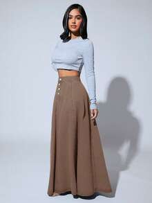 SHEIN SXY Chân váy denim dài thường ngày cài nút phía trước cạp cao cho nữ - Màu Khaki - Xem 6