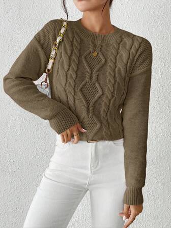 Aalyst Women's Casual Everyday Commute Simple Versatile Solid Color Dropped Shoulder Loose Cable Knit Pullover Sweater, Autumn/Winter