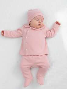 SHEIN 3pcs Baby Girls Pink Simple Style Long Sleeve Top, Pants And Hat Home Outfit Set - Pink - View 1