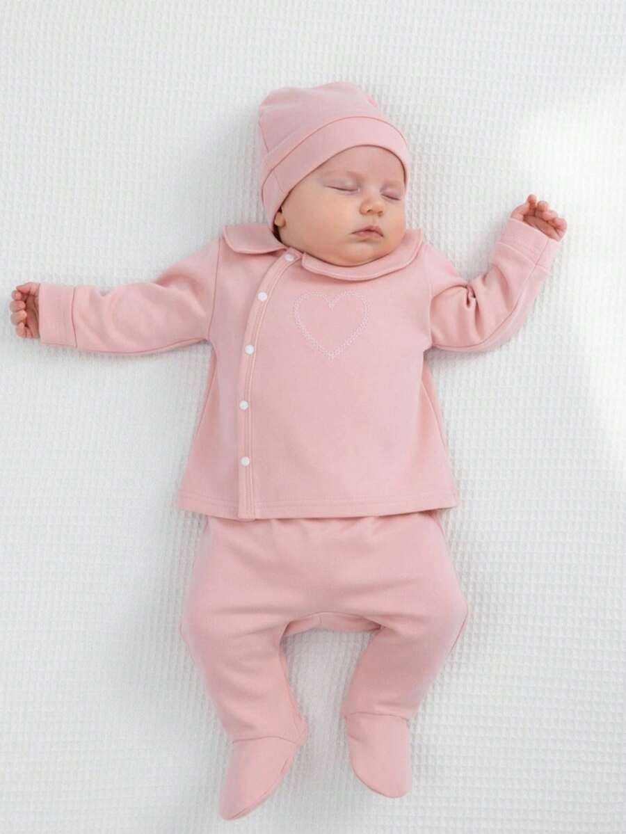 SHEIN 3pcs Baby Girls Pink Simple Style Long Sleeve Top, Pants And Hat Home Outfit Set - Pink - View 1