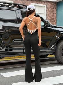 Dewbera Women's Comfortable Backless Jumpsuit Open Back Jumpsuit V Back Jumpsuits - Black - View 2