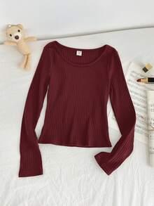 Tween Girls' Ribbed Crew Neck Elastic Fitted All-Match Versatile Long Sleeve T-Shirt, Comfortable - Burgundy - View 7