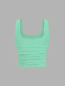 FavEase 女士休闲纯色方领加垫修身背心，夏季 - 薄荷綠 - 查看 2
