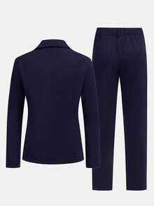 SHEIN 青少年男童藏蓝色修身西装套装，简约廓形，休闲学院风，舒适时尚，适合日常穿着、上学、外出、聚会、度假等各种场合。 - 寶藍色 - 查看 8