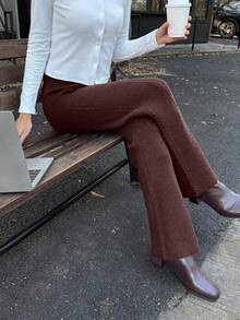 Elyressa Conjunto de suéter de unicolor y pantalones de pierna ancha con textura de cuerda retorcida para mujer, cómodo y casual, adecuado para otoño/invierno - Marrón - Ver 4