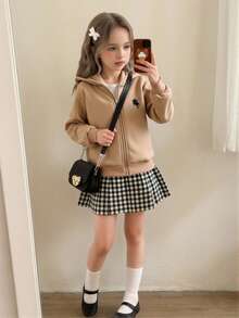 Genkimix Kids 少女外套，纯色时尚蝴蝶结卫衣夹克，舒适加厚保暖内衬卫衣面料，袖口蝴蝶结装饰，青春活力风格，适合返校季或休闲户外穿着 - 卡其色 - 查看 3