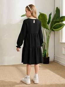 SHEIN Tween Girl Solid Color Round Neck Long Sleeve Pleated Mini Casual Dress - Black - View 2