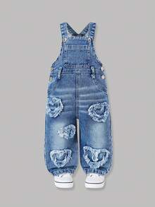 SHEIN Playful Pals 女童/幼儿心形图案休闲牛仔连体裤 - 淺色水洗藍 - 查看 4