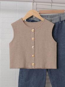 SHEIN Serisse Kids 青少年女孩純色休閒短版針織背心開襟外套，金屬鈕扣款夾克，女孩毛衣開襟衫 - 卡其色 - 查看 2