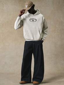 STYNVO 男士休闲字母图案袋鼠口袋插肩袖连帽衫，秋季款 - 灰色 - 查看 4