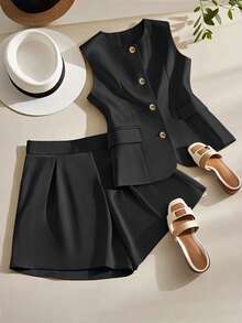 Franclia Summer Elegant Commuter Solid Color Vest & Shorts 2 Pieces Set Clothes For University
