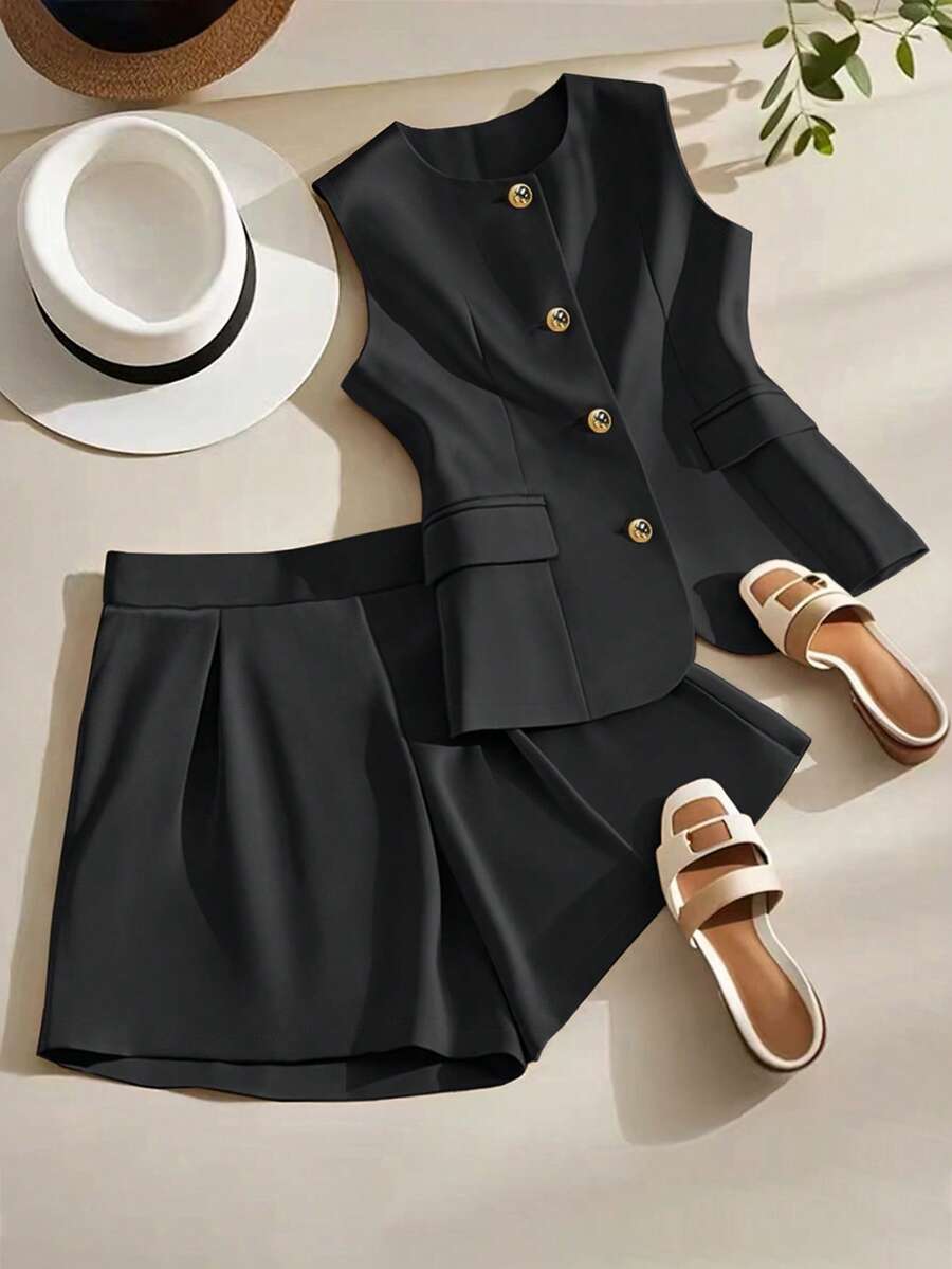 Franclia Summer Elegant Commuter Solid Color Vest & Shorts 2 Pieces Set Clothes For University