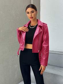 SHEIN BAE 女士时尚翻领拉链摩托车夹克，秋季款 - 玫紅色 - 查看 3