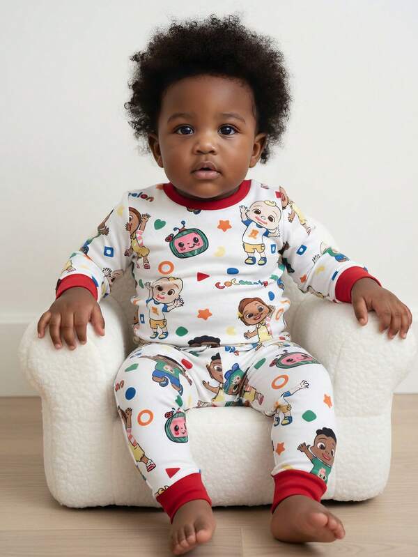 CoComelon X SHEIN Baby Boy Cartoon Watermelon Pattern Cute Casual Long Sleeve T-Shirt And Leggings Pajama Set,Christmas Pajamas,Fall&Winter Snug Fit Sleeping Wear