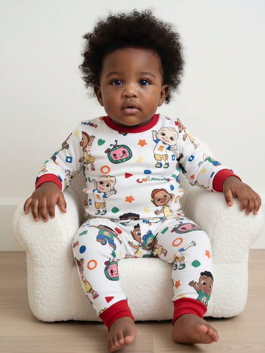 CoComelon X SHEIN 男宝宝卡通西瓜图案可爱休闲长袖T恤和打底裤睡衣套装