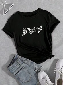 Camiseta con estampado de mariposa de cuello redondo - Negro - Ver 1