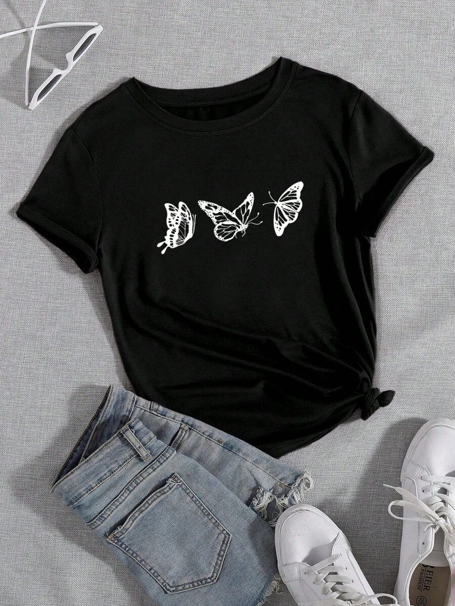 Camiseta con estampado de mariposa de cuello redondo - Negro - Ver 1