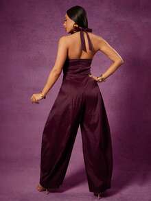 Vixey Ruched Bust Halter Neck Pleated Wide Leg Taffeta Jumpsuit