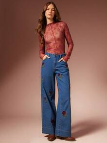 WESTFADE Rose Embroidered Mid Rise Wide Leg Cotton Blend Denim Jeans Fall, Autumn, Winter, Holiday, Christmas, New Years Eve, NYE, Cowgirl, Nashville Cowgirl, Boho, Casual, Cute, Western Wear - Medium Wash - View 6