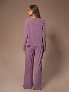 HautHeat 女士罗纹磨毛V领蝴蝶结长袖长裤睡衣套装，秋冬竹纤维睡衣，薰衣草色女士睡衣套装，女士家居服套装，紫色长袖家居服套装 - 紫色 - 查看 2