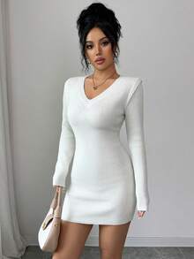 EMERY ROSE Váy len dệt kim dài tay cổ chữ V màu trơn đơn giản dành cho nữ - trắng - Xem 6