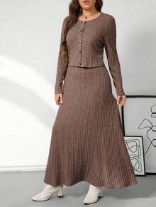 EMERY ROSE Women's Plus Size Ribbed Knit Open Front Round Neck Long Sleeve Cropped Top With Fitted A-Line Maxi Skirt 2 Pieces Set, Elegant Casual Outfit