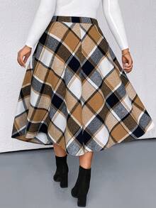 SHEIN Plus Size Women Autumn/Winter A-Line Mid-Length Skirt, Earthy Tone Brushed-Like Metallic Button Plaid Pattern - Brown - View 2