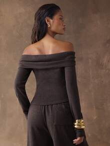 SHEIN BAE Áo trễ vai màu trơn thắt nút xoắn dành cho nữ, thích hợp khi đi làm - Cà phê nâu - Xem 2