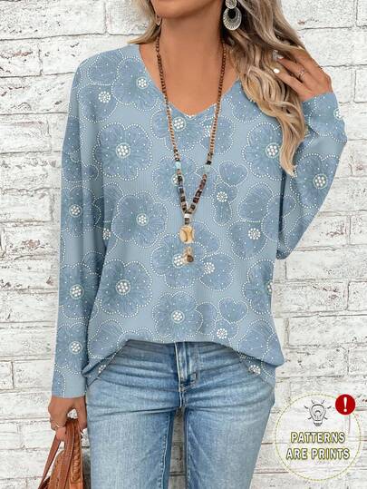 EMERY ROSE Casual Floral Print Plus Size V-Neck Long Sleeve T-Shirt For Women, Suitable For Music Festivals And Back To School, ,Flower/Spring/Summer/Vacation