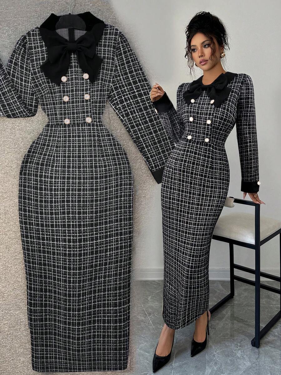 Elenzga 女士优雅秋季长袖提花黑白撞色修身连衣裙，通勤约会皆宜 - 黑與白 - 查看 1