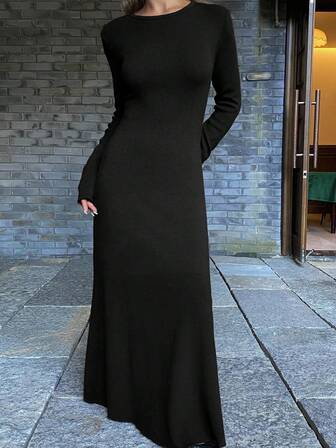 DAZY Brown Round Neck Fitted Sweater Dress For Women, Autumn/Winter