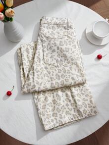 Comfortcana 女士豹纹口袋阔腿宽松休闲百搭牛仔裤 - 米色 - 查看 2