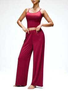 SHAPORA Women's Solid Color Cropped Camisole And Pants Casual Pajama Set - Red Violet - View 2