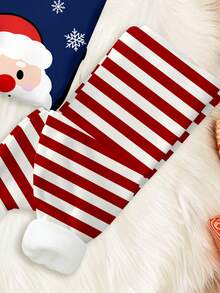SHEIN Baby Boy Christmas Sleepwear Set,Cute Santa Reindeer Patterns Long Sleeve Top And Pants,Snug Fit Red And White Stripe Autumn Night Pajamas For Kids - Multicolor - View 5