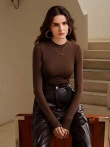 Anewsta Áo thun nữ cổ tròn tay dài ôm vừa vặn, màu trơn, có gân, eo cong - Cà phê nâu - Xem 4