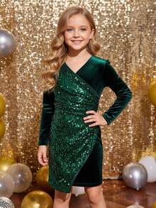 1 Piece Young Girls Casual Simple Gorgeous Elegant Solid Color Knitted Splicing Small V-Neck Long Sleeve Slim Slit Asymmetrical Hem Dress Suitable For Birthday Parties, Evening Parties, Performances, Weddings, Baptisms, Opening Ceremonies, Play, Parties, Photo Shoots, Vacations, Festivals Suitable For Daily Use Suitable For Travel Suitable For Spring, Autumn And Winter - Army Green - View 4