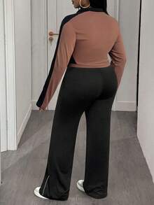 Slaydiva Plus Size Women Casual Minimalist Basic Sports Long Sleeve Zip-Up Contrast Color Fitted Top And Pants 2 Pieces Set With Numeric Logo - Brown - View 2