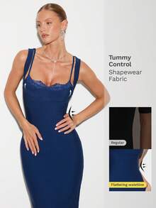 Nuvra Alluring Push-Up Tummy Control Lace Trim Elegant Blue Bodycon Sleeveless Criss-Cross Strap Knit Bandage Dress For Women - Blue - View 3