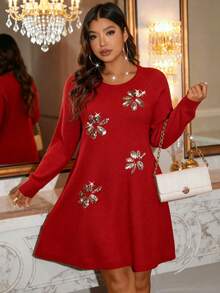 EMERY ROSE 大码女式纯色针织圆领亮片刺绣休闲优雅毛衣裙，适合圣诞节、万圣节、返校、浪漫度假、办公室穿着 - 紅色 - 查看 8