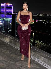 Chiquease Women's Coffee Brown Sexy Shiny Sequin Fabric Party/Date/Halloween/Valentine's Day New Arrival Concert Outfit Evening Birthday Club Dresses Women Sleeveless Elegant Cute High Elasticity Comfortable Soft Skin-Friendly Figure-Flattering Slit Suspender Long Dress - Burgundy - View 5