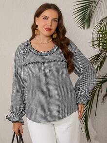 EMERY ROSE 大码女式荷叶边领格子长袖宽松衬衫，秋冬款，外出穿着，2025新款，简约时尚，适合日常穿着，大码冬季款，感恩节女装 - 黑與白 - 查看 5