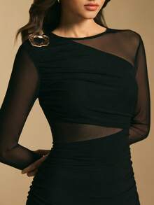 Poéselle Women's Black Mesh Patchwork Sheer Elegant Long Sleeve Dress,Women's Winter Dress ,Christmas Dress,New Year Dress,Elegant Dresses For Women,Casual Dresses For Women,Black Dress For Women,Suitable For Daily Wear, Party,Going Out, Commuting,Fall/Winter - Black - View 4