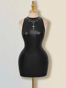 SHEIN ICON 纯色交叉露背性感休闲迷你连衣裙 - 黑色 - 查看 3