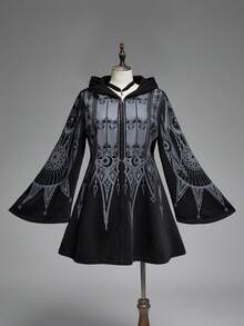 ROMWE EDITION Plus Size Vintage Gothic Church Cross Print Hooded Cinched Waist A-Line Mid-Length Coat - Black - View 1