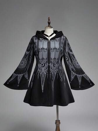 Plus Size Vintage Gothic Church Cross Print Hooded Cinched Waist A-Line Mid-Length Coat