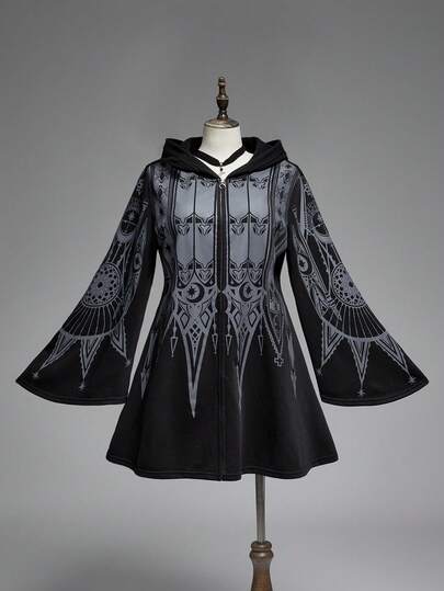 ROMWE EDITION Plus Size Vintage Gothic Church Cross Print Hooded Cinched Waist A-Line Mid-Length Coat