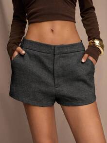 SHEIN BAE Pantalones cortos casuales de mujer de unicolor, de talle bajo, con bolsillos, sueltos y versátiles - Gris Oscuro - Ver 1
